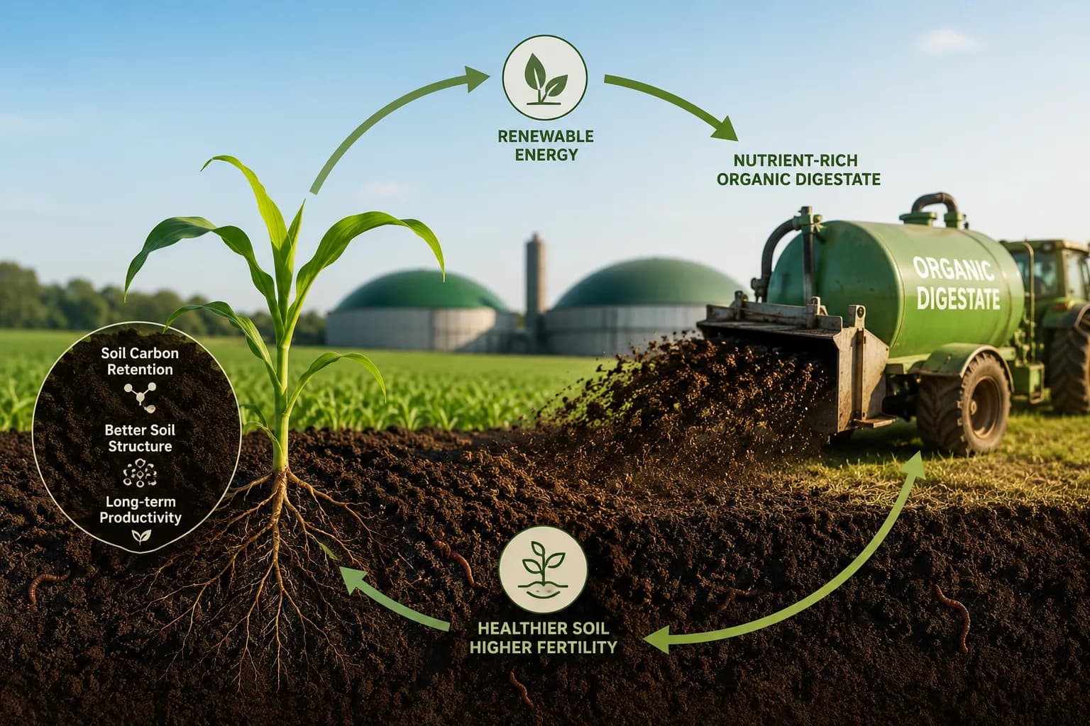 Closed-loop infographic showing renewable energy and organic digestate returning to soil for higher fertility